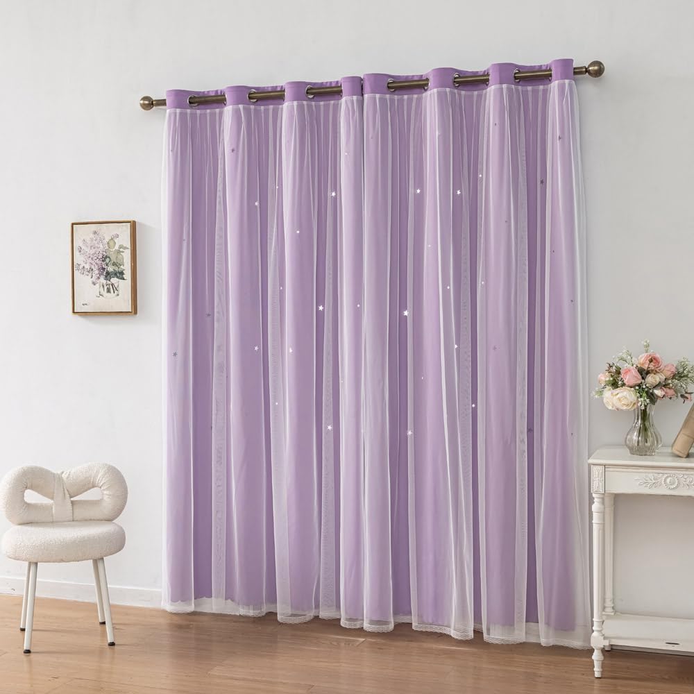 Ombre Rainbow Blackout Curtains for Kid Girls Bedroom Living Room Darking Stripe Double Layer Star Cut Out Wall Home Decor Gradient Grommet Window Curtains (Purple 72L)