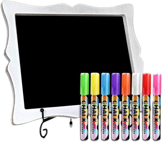 Tabletop Small Chalkboard Sign with Easel (11x13) + 8 Brilliant Liquid Chalk Markers | Hanging or Freestanding Framed Chalkboard with Hand Crafted Sweetheart Frame