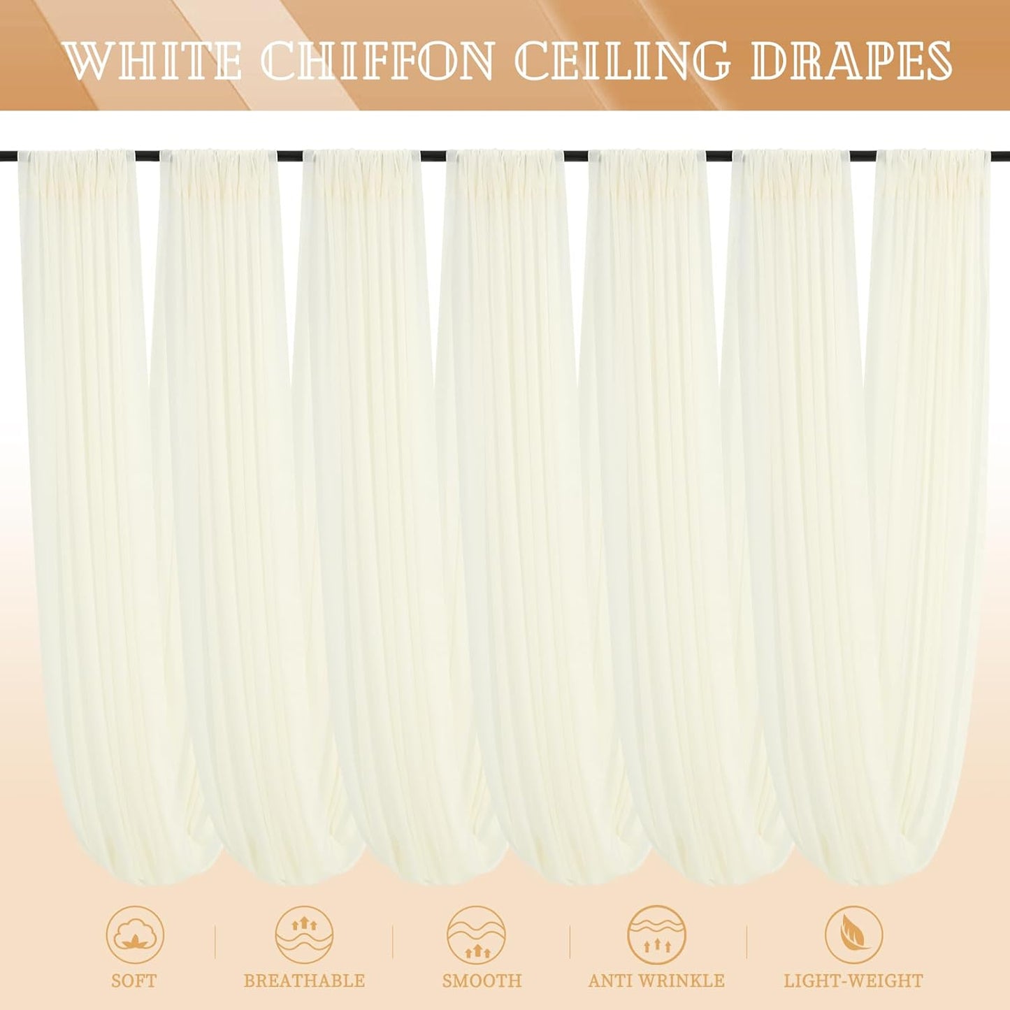 6 Panels Ivory Ceiling Drapes for Wedding 5ftx40ft Sheer Drapery Chiffon Fabric Arch Draping Curtains for Party Ceremony Birthday Baby Shower Reception Stage Ceiling Decorations