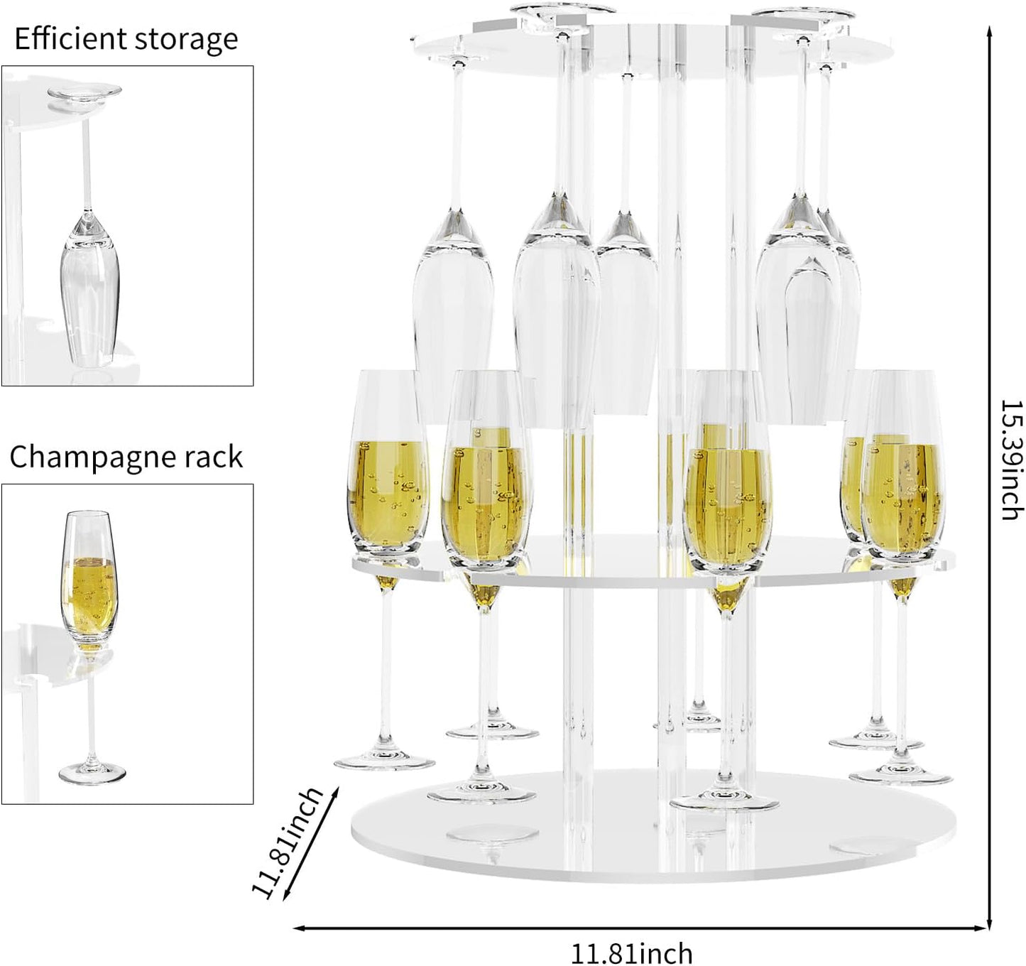 Champagne Tower, Circle Acrylic Champagne Display Rack Stand with 12 Slots, 2 Tiers Floating Sight Champagne Flute Holder for Party, Wedding, School, Celebration, 11.8x11.8x15.4 inch