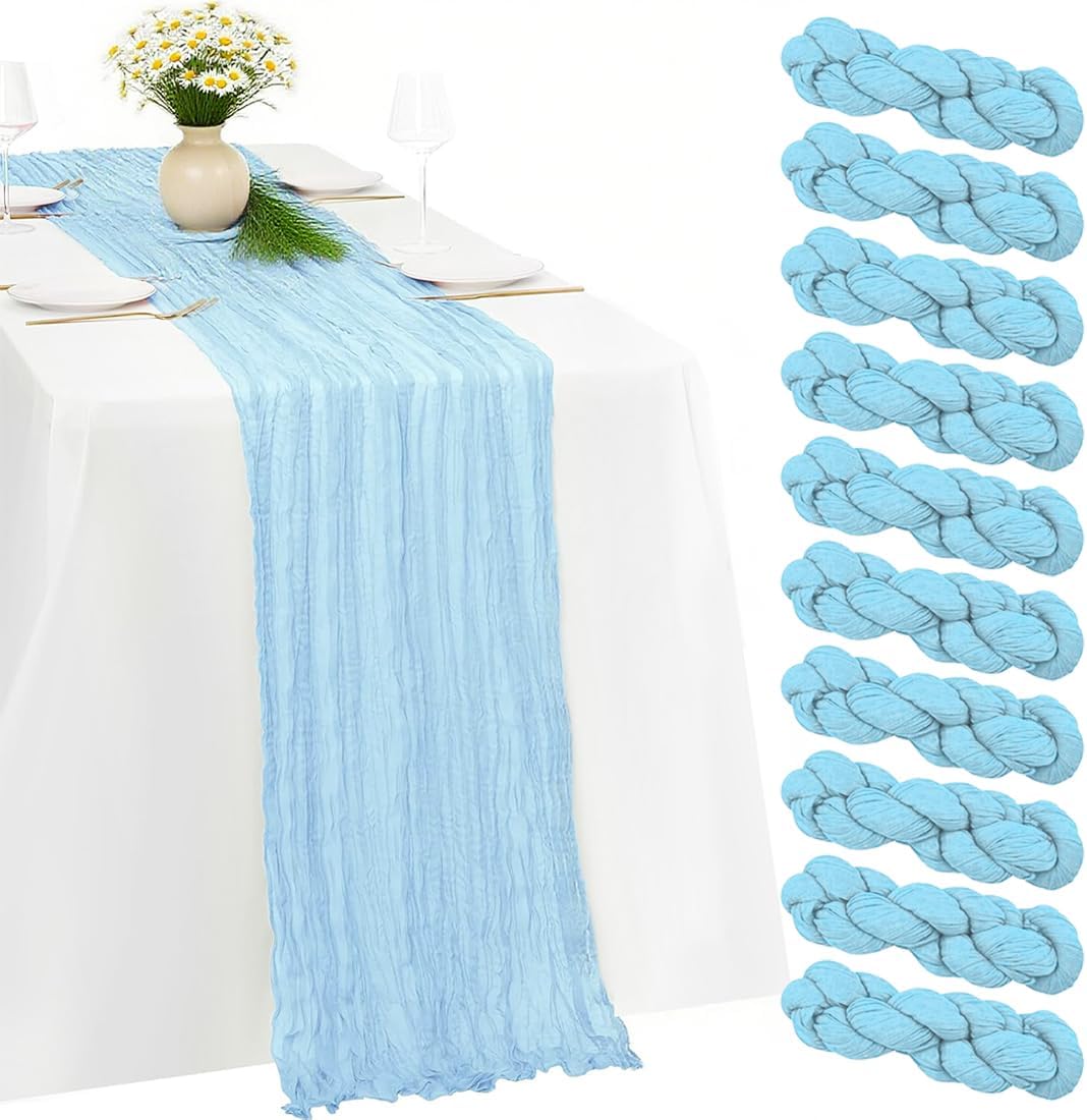 10 Pack Baby Blue Cheesecloth Table Runner -21*120Inch Long Boho Wedding Table Decor, Rustic Gauze Fabric Runner for Bridal Showers, Baby Showers & Parties (Sheer, Lightweight, Wrinkled Design)