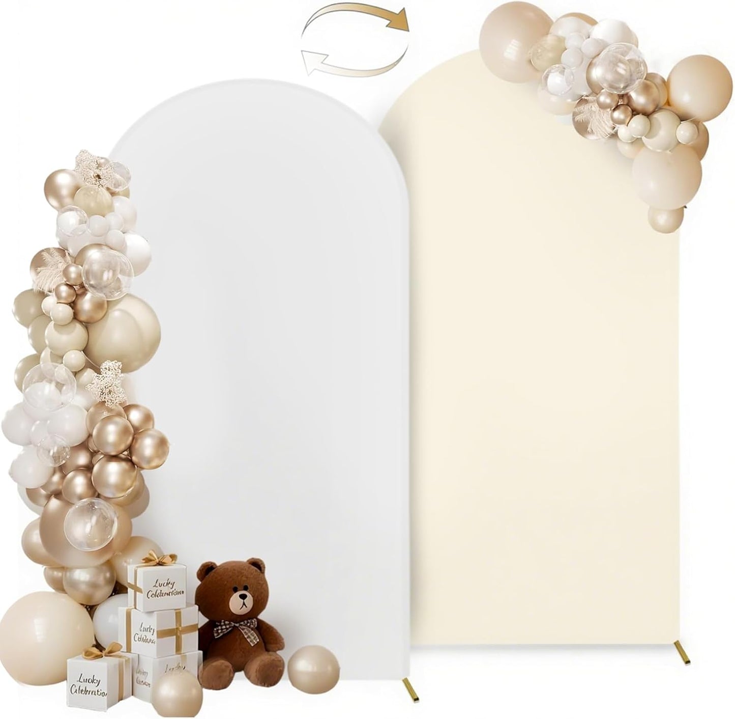 Hemmotop 7.2 ft Arch Backdrop Cover (One Piece Double Color), White and Light Beige Spandex Arch Stand Covers, Fabric Stretchy Background for Balloon Arches, Wedding, Birthday Party, Baby Shower