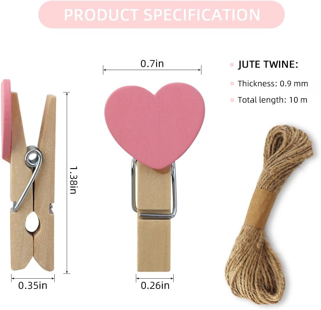 80 Pieces Wooden Heart Clothespins Mini Heart Photo Clips Colorful Small Clothes Pins for Crafts Picture Paper Hanging Natural Wooden Clothespins with Jute Twine for Wedding Party Photos Display