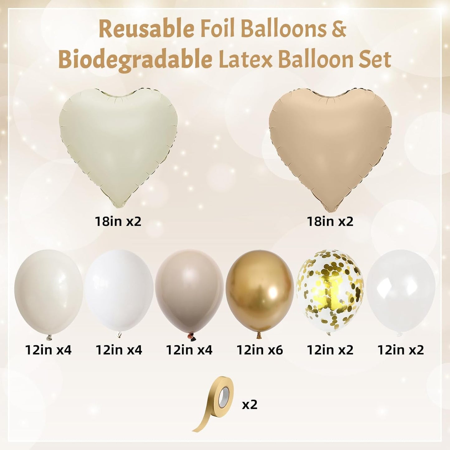 Sand White and Gold Balloons Beige Heart Balloon as Engagement Party Decorations, Metallic Gold and Cream White Nude Confetti Balloons 18 inch Clear Heart Shape Foil Balloon as Bride Wedding Decor