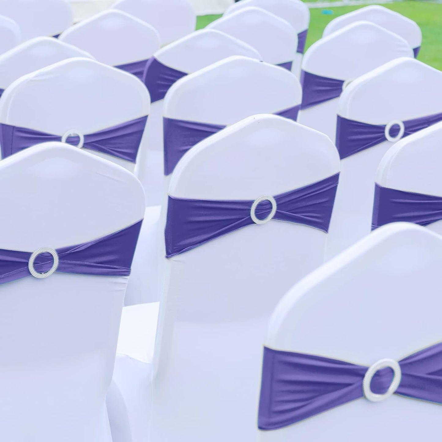 CHENGU 150 Pieces Spandex Stretch Chair Sashes Bows Elastic Chair Cover Bands Ties with Buckle Slider for Wedding Party Reception Events Universal Ceremony Banquet Decorations (Light Purple)