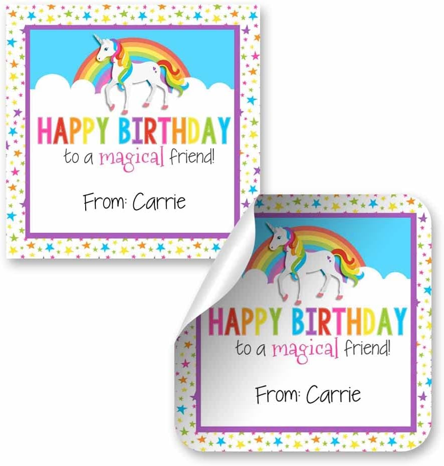 Custom & Personalized Rainbow Unicorn Happy Birthday Gift Tag Sticker Labels, 24 2.5" Square Stickers by Amanda Creation