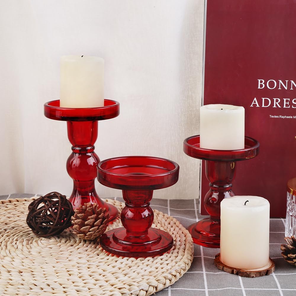 6-Piece Set of Red Glass Candlestick, Crystal Candlestick Holder Holder and Conical Candle, Christmas Candle Holder Decoration, Family Living Room Wedding Candle Holder (red2sets)