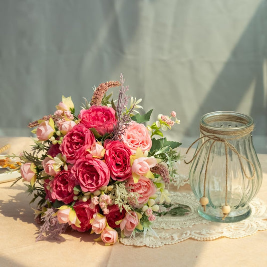 Artificial Peonies Silk Flowers Bouquet in Glass Vase Faux Flowers Bouquets Modern Penoy Arrangement for Home Decoration Table Centerpiece (Bouquet-Rose Red)