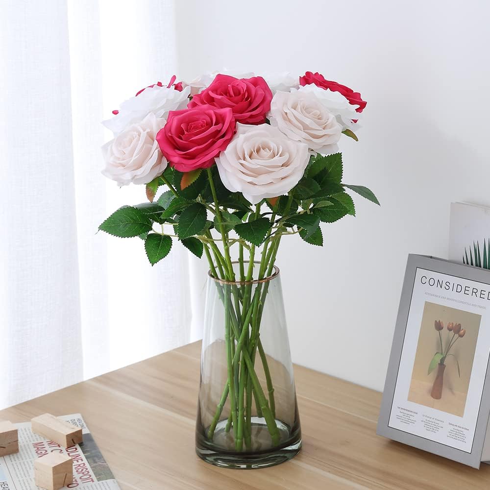 Artificial Rose 10pcs Open Flower Bouquet Faux Rose Stems for Wedding Arrangement, Bridal Bouquet, Centerpiece, Fake Faux Silk Flowers (Nude)