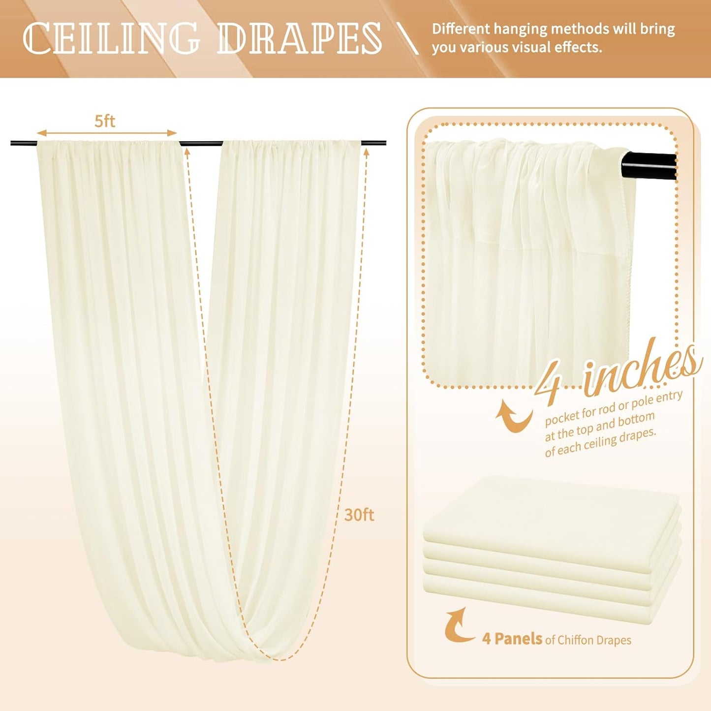 4 Panels Ivory Ceiling Drapes for Wedding 5ftx30ft Sheer Drapery Chiffon Fabric Arch Draping Curtains for Party Ceremony Birthday Baby Shower Reception Stage Ceiling Decorations