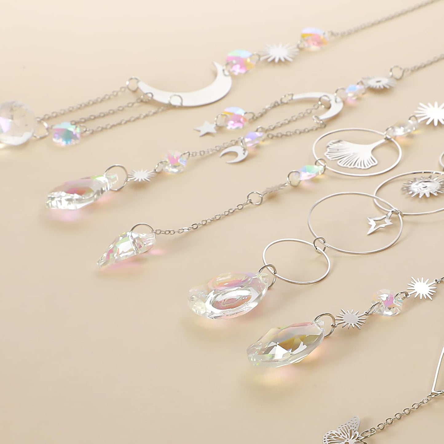 Sun Catchers, 6 Pieces Colorful Suncatchers Decorative Hanging Clear Crystal Prism Rainbow with Silver Moon Sun Metal Forms Suncatcher Kit for Window Indoor Outdoor Car Mirror Decor Xmas Gift