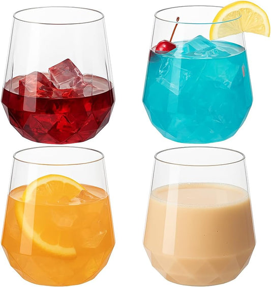 40 count Diamond Unbreakable Stemless Plastic Wine Champagne Whiskey Glasses Elegant Durable Disposable Indoor Outdoor Home office wedding bars 12 Ounce (Classic Old Fashioned Clear)