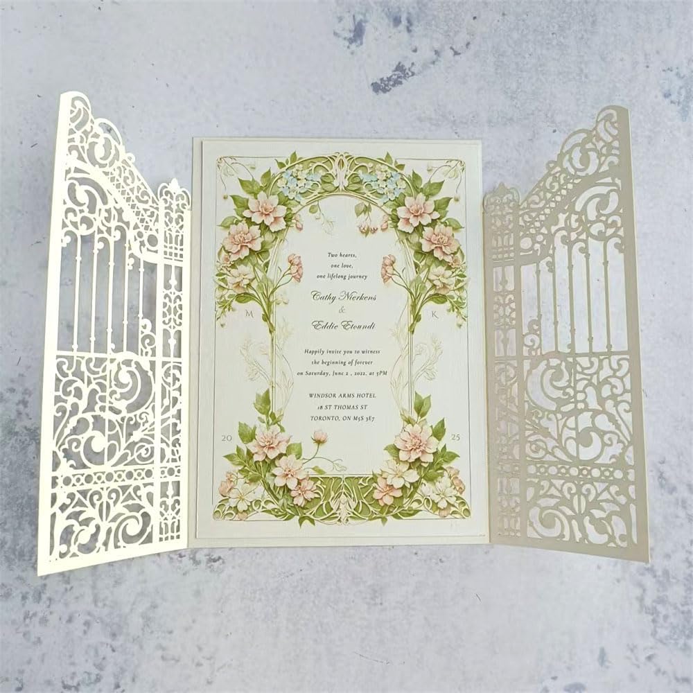 MillaSaw Pearl Ivory Laser Cut Wedding Invitation Card Fence Design For Wedding Engagement Birthday Party 25 Sets (IVORY PEARL PAPER, 4.9"x7.1")