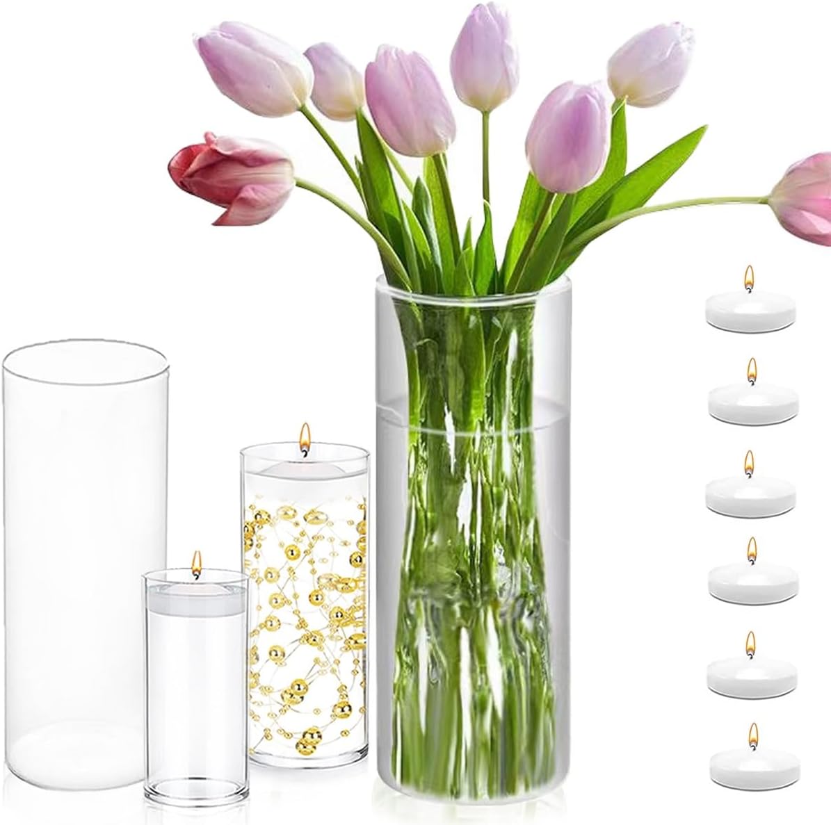 Set of 4 Pcs Glass Cylinder Vases for Centerpieces with 6 Pcs White Floating Candles for Centerpieces Glass Candle Holder for Table Shelf Wedding Party Home Decor (S+M+L+XL)