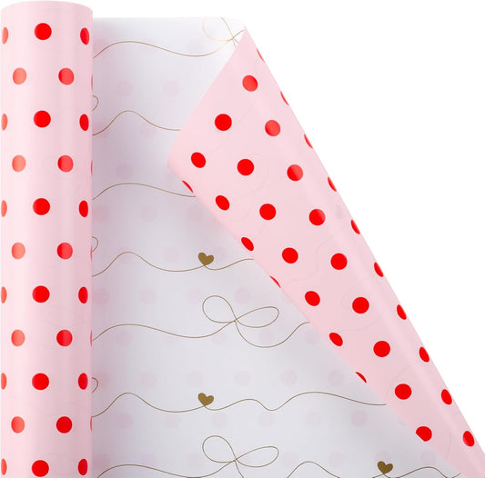 Flyhill Red Polka Dot Wrapping Paper,Reversible Pink Gold Elegant Bow & Heart Gift Wrap Suitable for Birthday,Girls,Baby Shower,Wedding (17 Inch X 32.8 Feet)