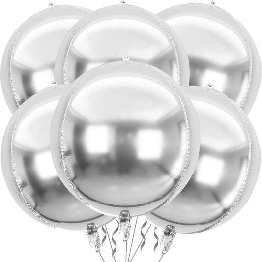 6 Pack Silver 22 Inch 4D Foil Balloons Big 360 Degree Round Sephere Mylar Balloons Mirror Finish Metallic Balloons for Wedding,Birthday,Bachelorette,Baby Shower Decorations Party Supplies