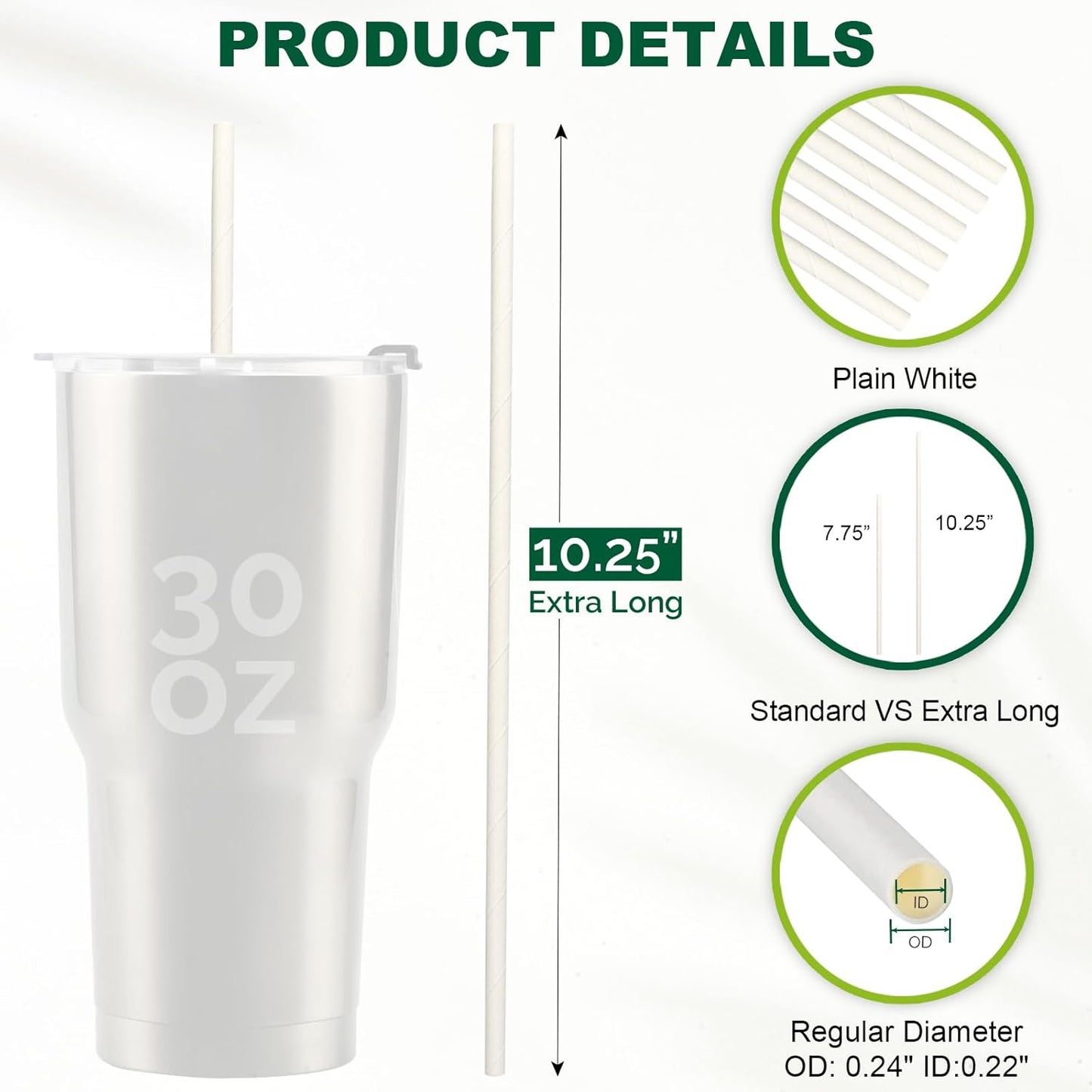 10.25" x 0.24‘ Long Disposable Paper Drinking Straws Bulk - Unwrapped, Dye-free White [600 Counts]