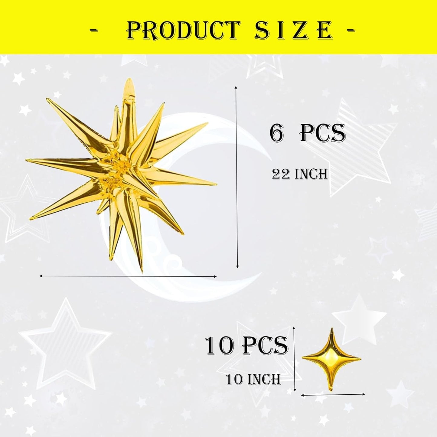 6 Pcs 22" & 10 Pcs 10" Star Foil Balloons - Gold, 12 Point & 4 Point Star Balloons for Party Supplies, Christmas, Birthday, Wedding