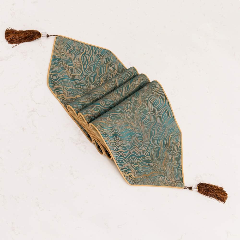 Avigers 12 x 108 Inch Decorative Luxury Abstract Striped Green Teal Table Runners with Tassels for Home Living Room Bedroom Art Decor Wedding