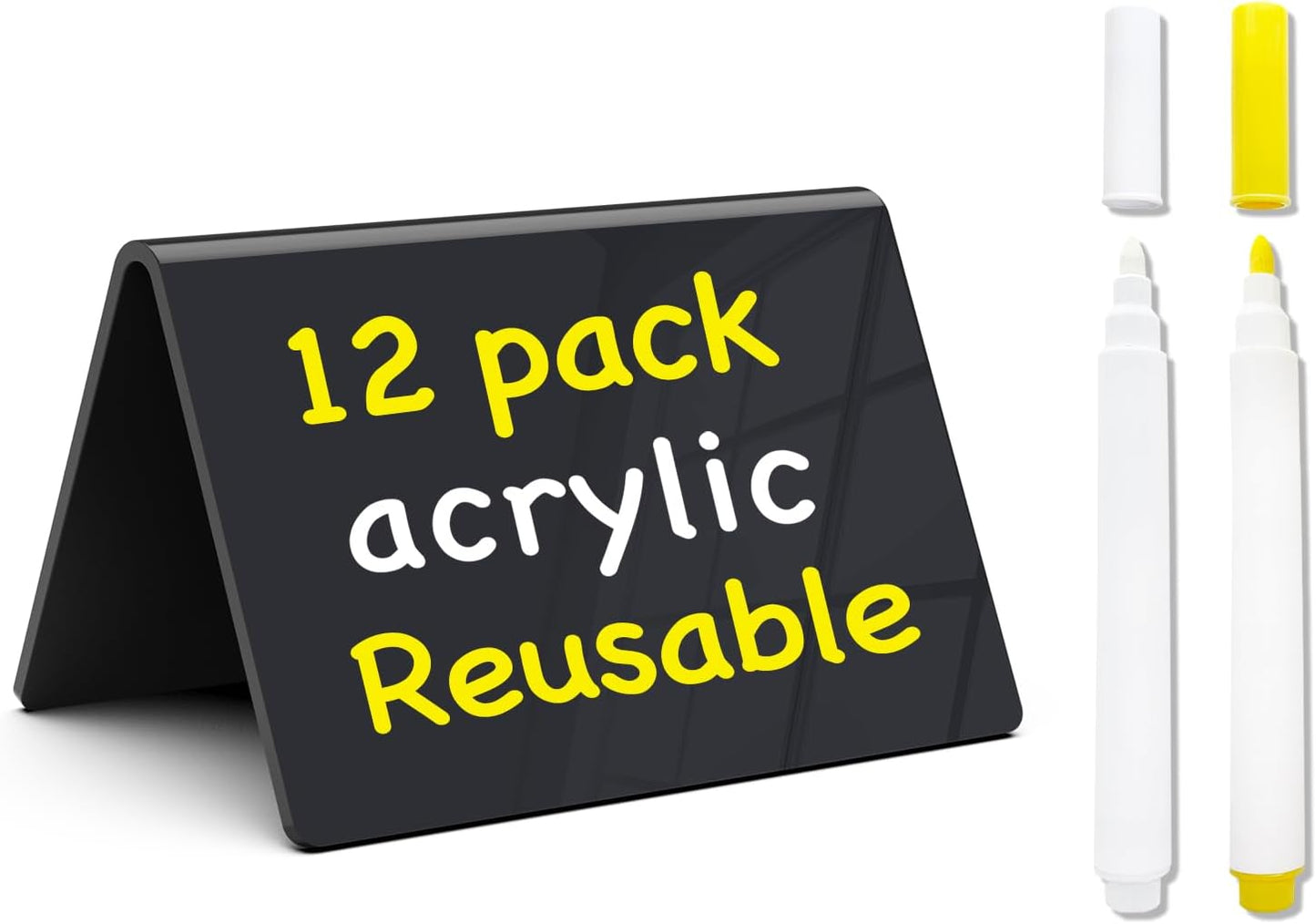 PigPotParty Acrylic Mini Chalkboard Signs for Food, 12 Pcs 4"x3" Small Food Labels for Party Buffet, Glossy Black Table Place Cards for Wedding, Elegant Event Decorations, w/ 2 Wet Erase Markers