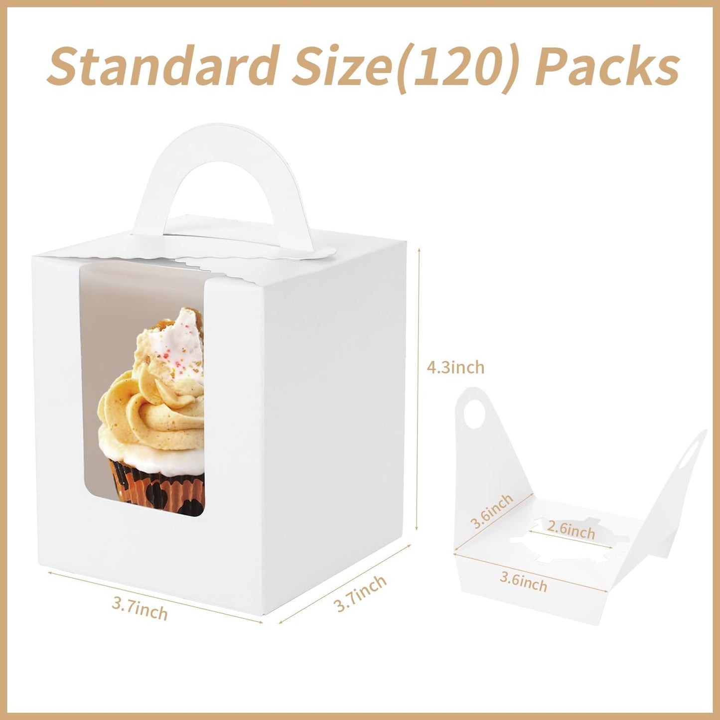 JCD 120Packs Cupcake Boxes with Window and Handle and Insert,Individual Disposable White Single Cupcakes Box Individuals Cupcake Holders White Single Cupcakes Boxes Containers (White/120Pcs)