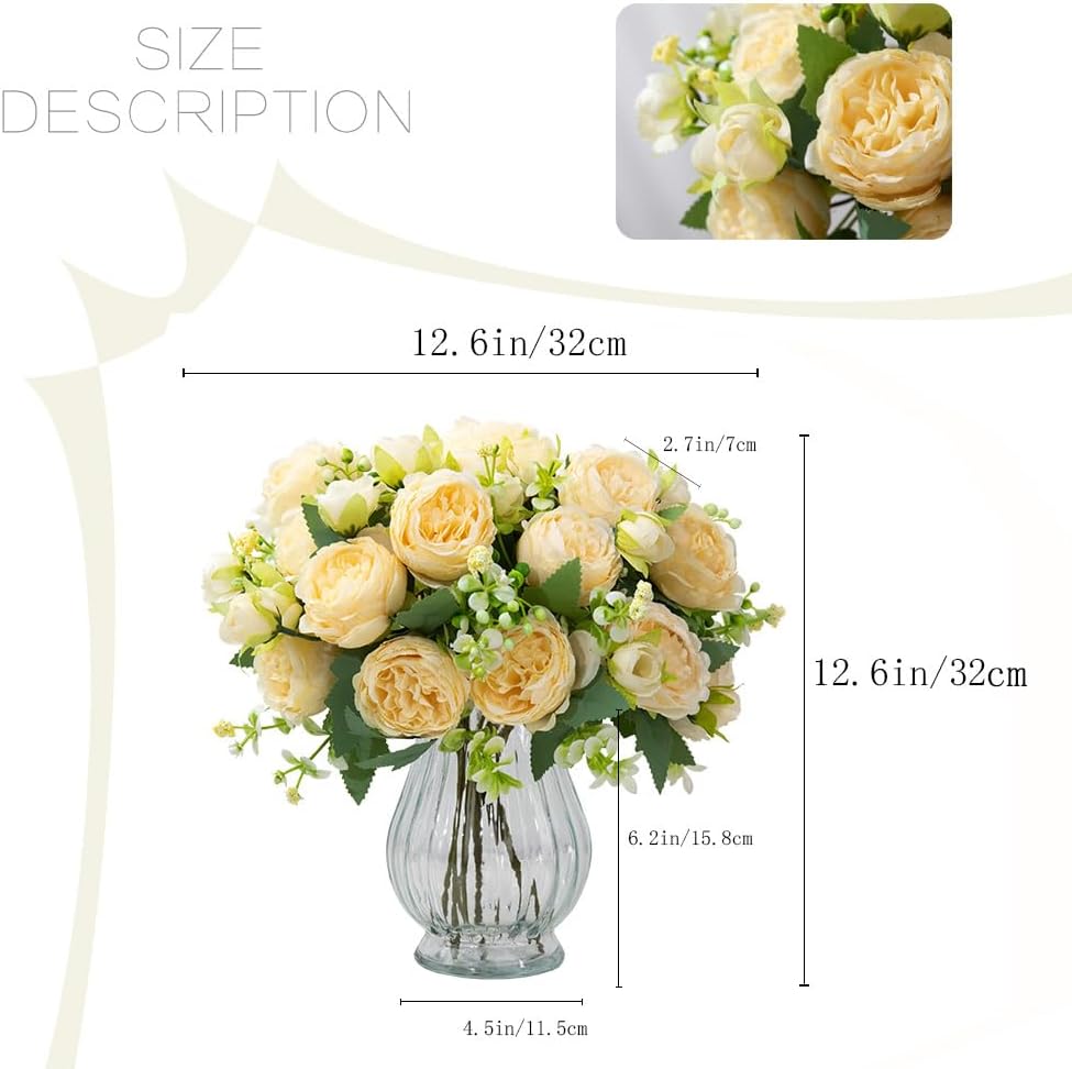 Artificial Peonies Silk Flowers in Glass Vase Faux Flowers Bouquets Modern Penoy Arrangement 4 Pack for Home Decoration Table Centerpiece (Champagne)