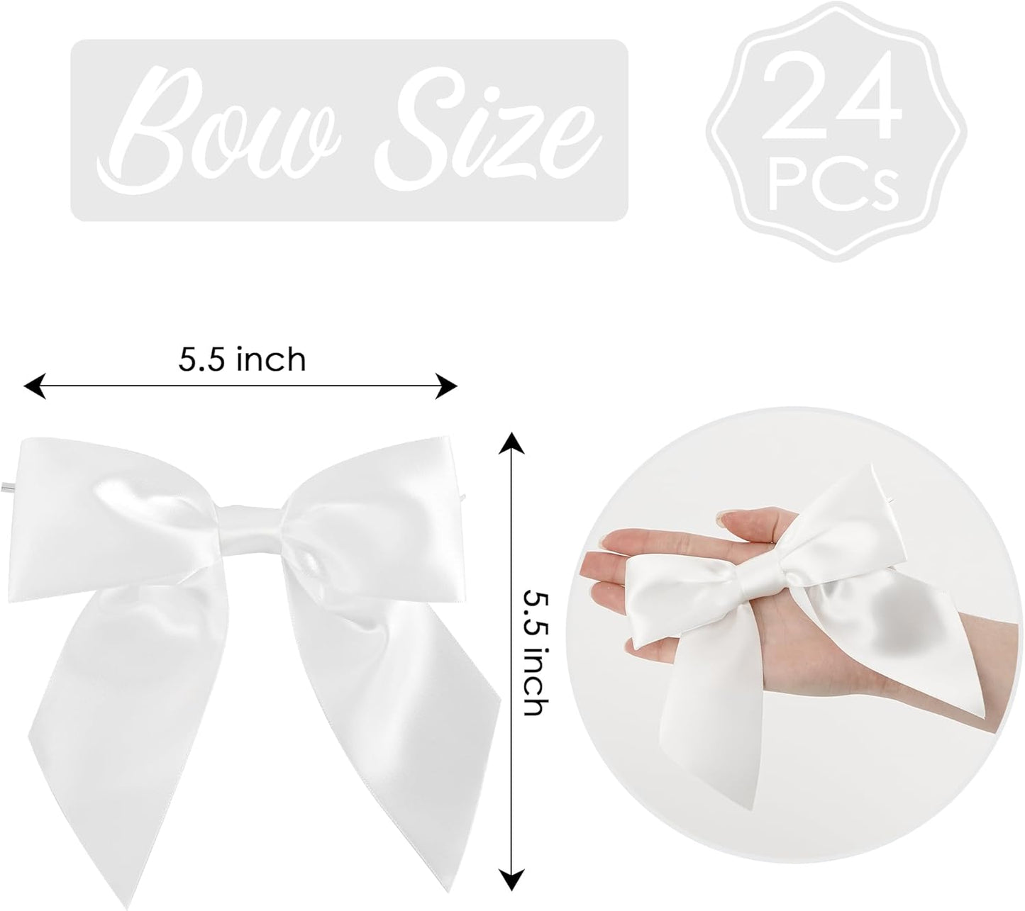 AIMUDI White Satin Bows 5.5" Bows for Gift Wrapping Satin Twist Tie Bows Premade Ribbon Bows for Treat Bags Invitations Baskets Crafts Wreaths Wedding Birthday Baby Shower Party Decorations, 24 PCs