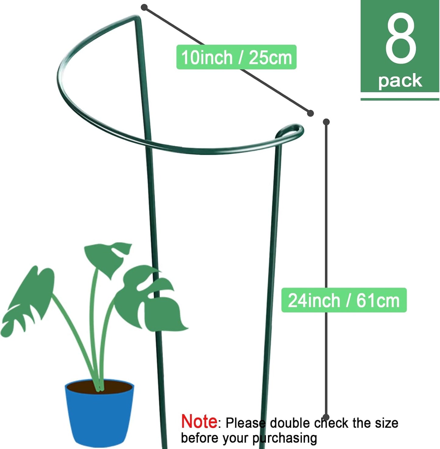 HiGift 8 Pack 24 Inch Plant Support Stakes, 10" Wide x 24" High Half Round Metal Garden Plant Stake Peony Support Cage, Green Plant Support Ring Border for Tomato,Hydrangea,Flower Indoor Outdoor