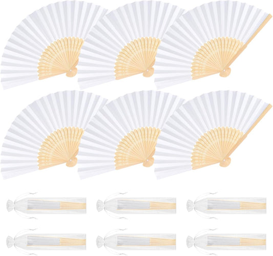 6 Pieces White Hand Held Bamboo Folding Fans Foldable Paper Fans Handheld for Women Girls Wedding DIY Decoration Church Home Party Favors Summer