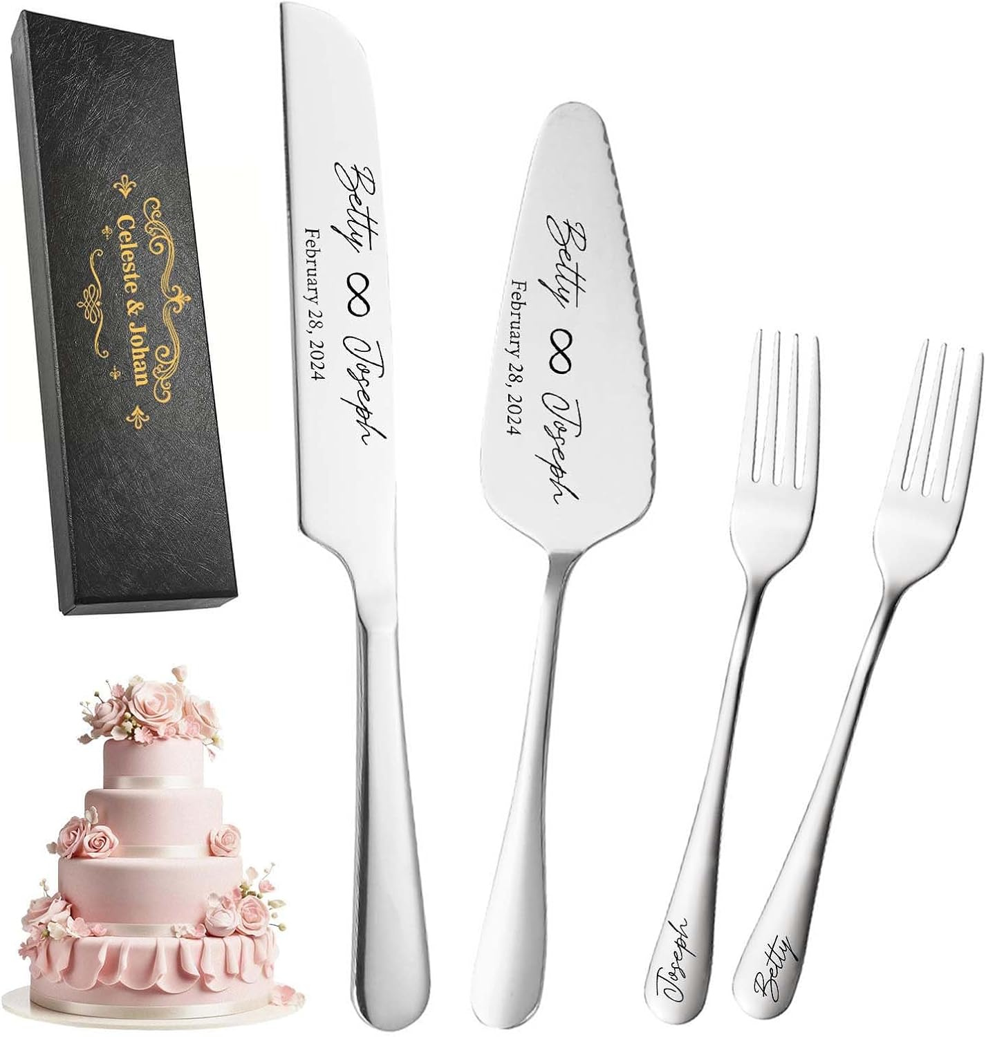 Personalized Wedding Cake Knife and Server Set Stainless Steel Forks Cake Cutter Server Engraved Cake Cutting Set for Wedding Anniversary Engagement Birthday Gifts