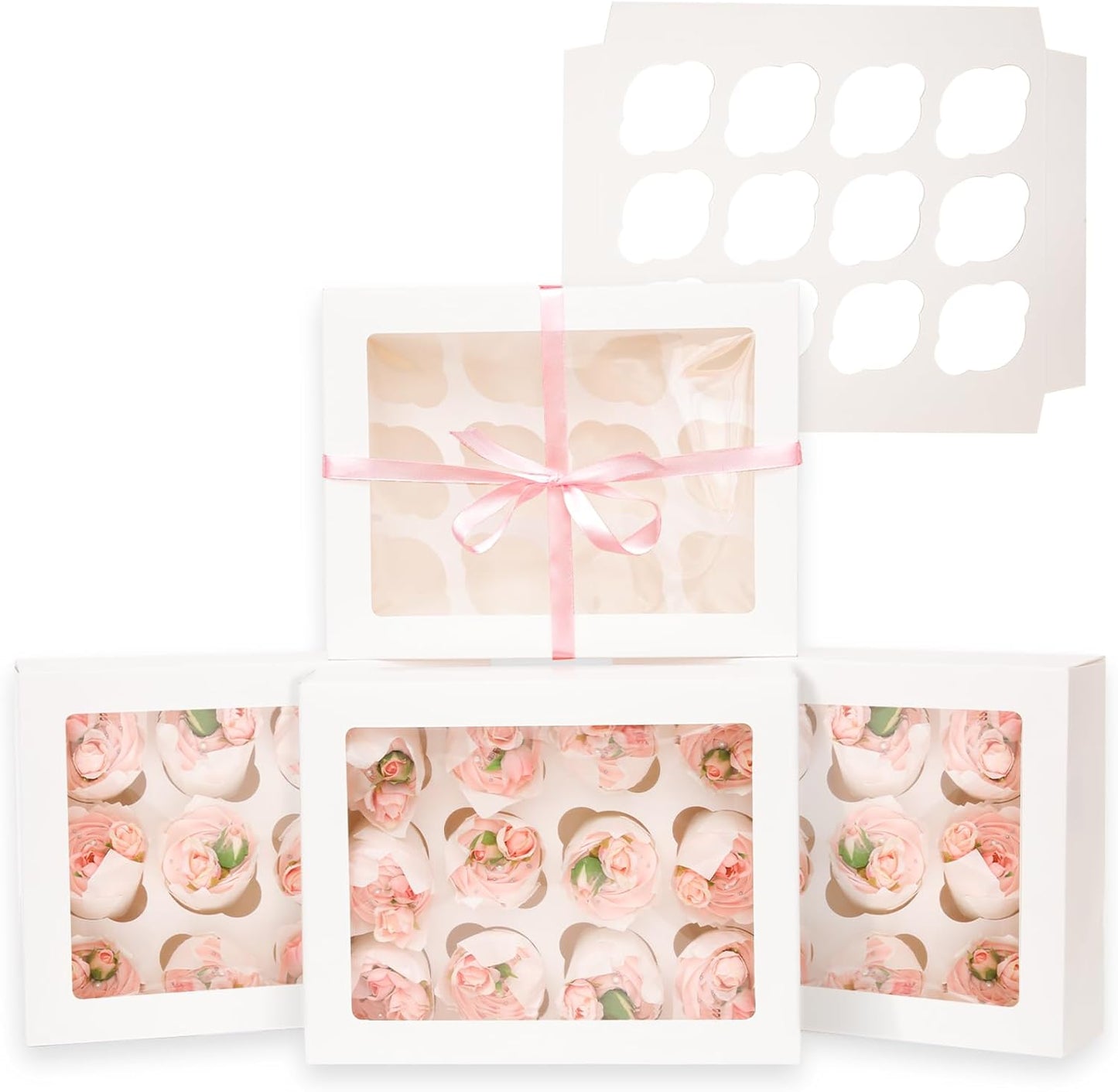 Bakepacker Auto-pop up 12 Cupcake Containers 6-Packs White Cupcakes Carrier, 12 Cupcake Boxes with Window 13"x10"x3.5"