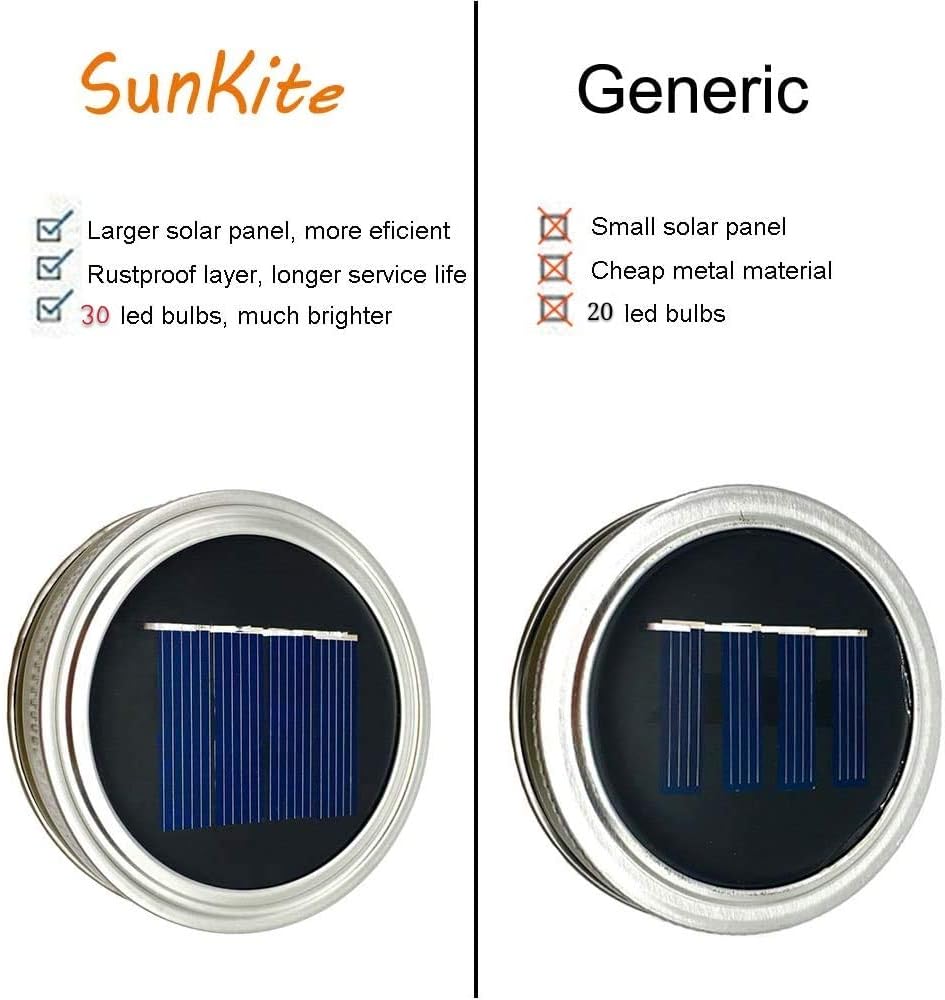 SunKite Solar Mason Jar Lights(NO Jars), 12 Pack 30 LED Waterproof Fairy Firefly Jar Lids String Lights with Hangers, Patio Yard Garden Wedding Decoration - Warm White