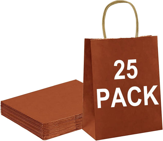 BAG BOX 25 Pack Small 5.9x3.1x8.25 Inch Orange Kraft Paper Gift Bags with Handles for Bulk Shopping, Retail, Craft, Party Favors, Wedding, Grocery & Sacks