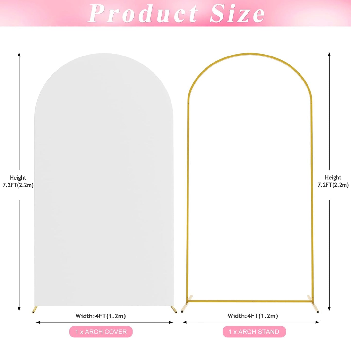 Wokceer 7.2 FT Wedding Arch Backdrop Stand and White Arch Cover, Metal Arch Stand with Arch Stand Cover for Birthday Party Wedding Ceremony Bridal Baby Shower Event Decor