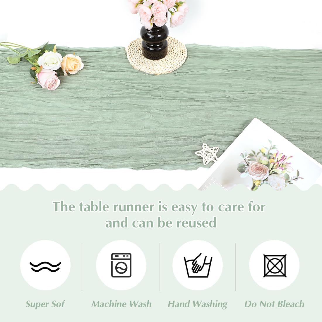 Sage Green Cheesecloth Table Runner -21*120Inch Long Boho Wedding Table Decor, Rustic Gauze Fabric Runner for Bridal Showers, Baby Showers & Parties (Sheer, Lightweight, Wrinkled Design)