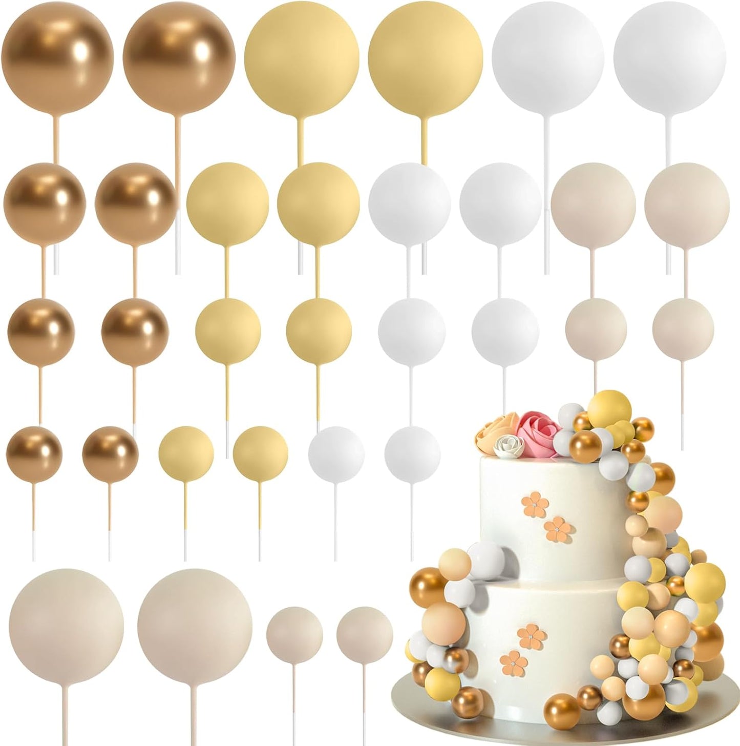 ASTARON 32 Pcs Ball Cake Topper Decorations Mini Balloons Cake Topper Sticks Foam Balls Cake Picks Cake Topper Balls Cake Decorations for Wedding Party Birthday Cake Decorations (Yellow Gold)