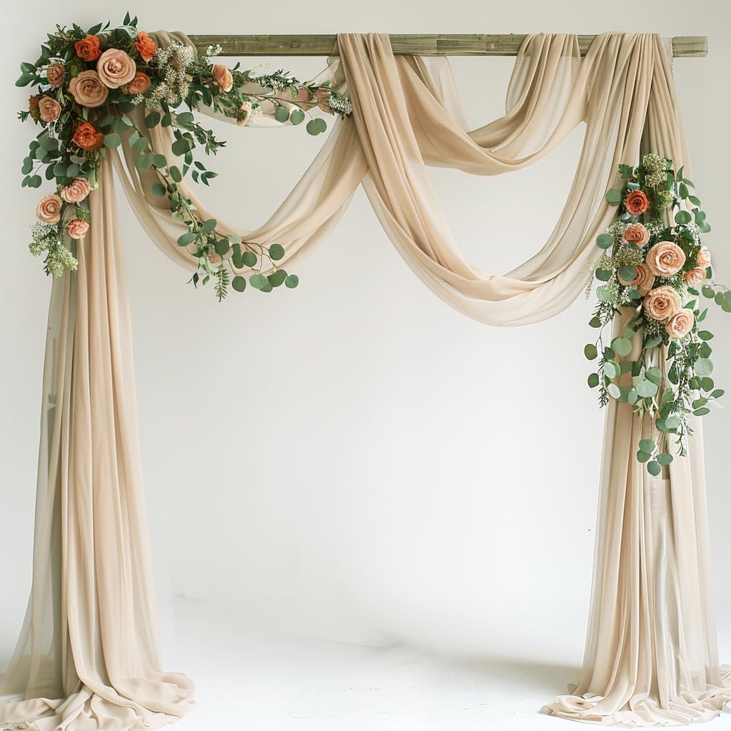 Wedding Arch Draping Fabric 1 Panel 28.7" x 20FT Champagne Sheer Chiffon Backdrop Drapes for Wedding Ceremony Birthday Party Bridal Shower Outdoor Decoration