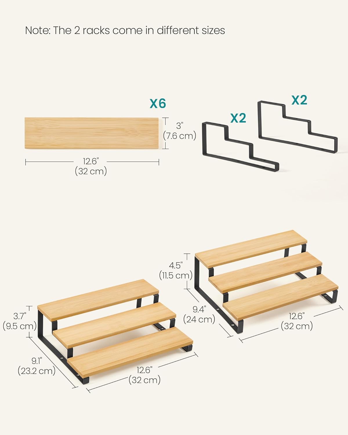 SONGMICS Display Risers, Set of 2 Engineered Wood Perfume Organizer Stand, 3-Tier Cupcake Stand Holder, Spice Rack, Shelf Risers for Figures, Dessert Shelves, Natural Beige and Ink Black UKCS016N01