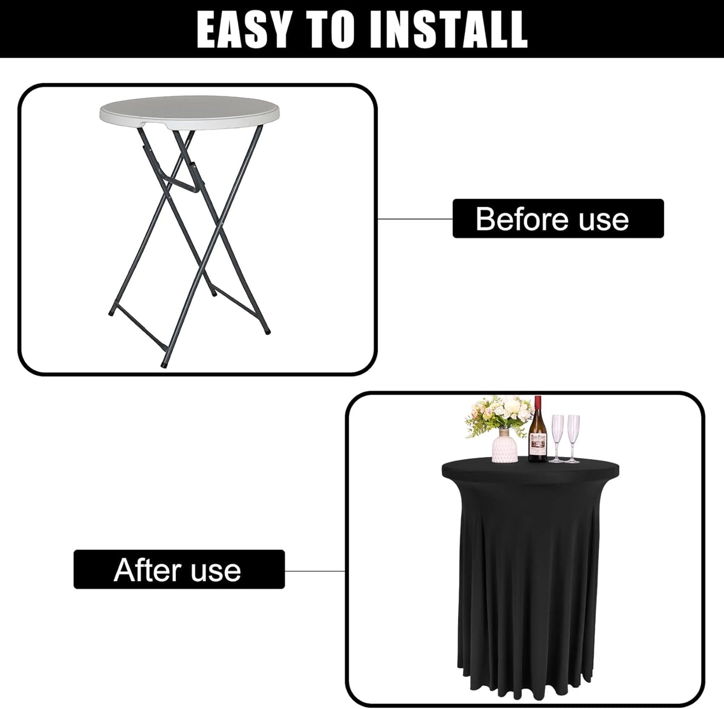 6 Pack Round Cocktail Tablecloth 32"x 43" Spandex Cocktail Table Skirt, Washable Stretch Fitted Table Covers for High Top Bar,Wedding,Party,Events (Black)