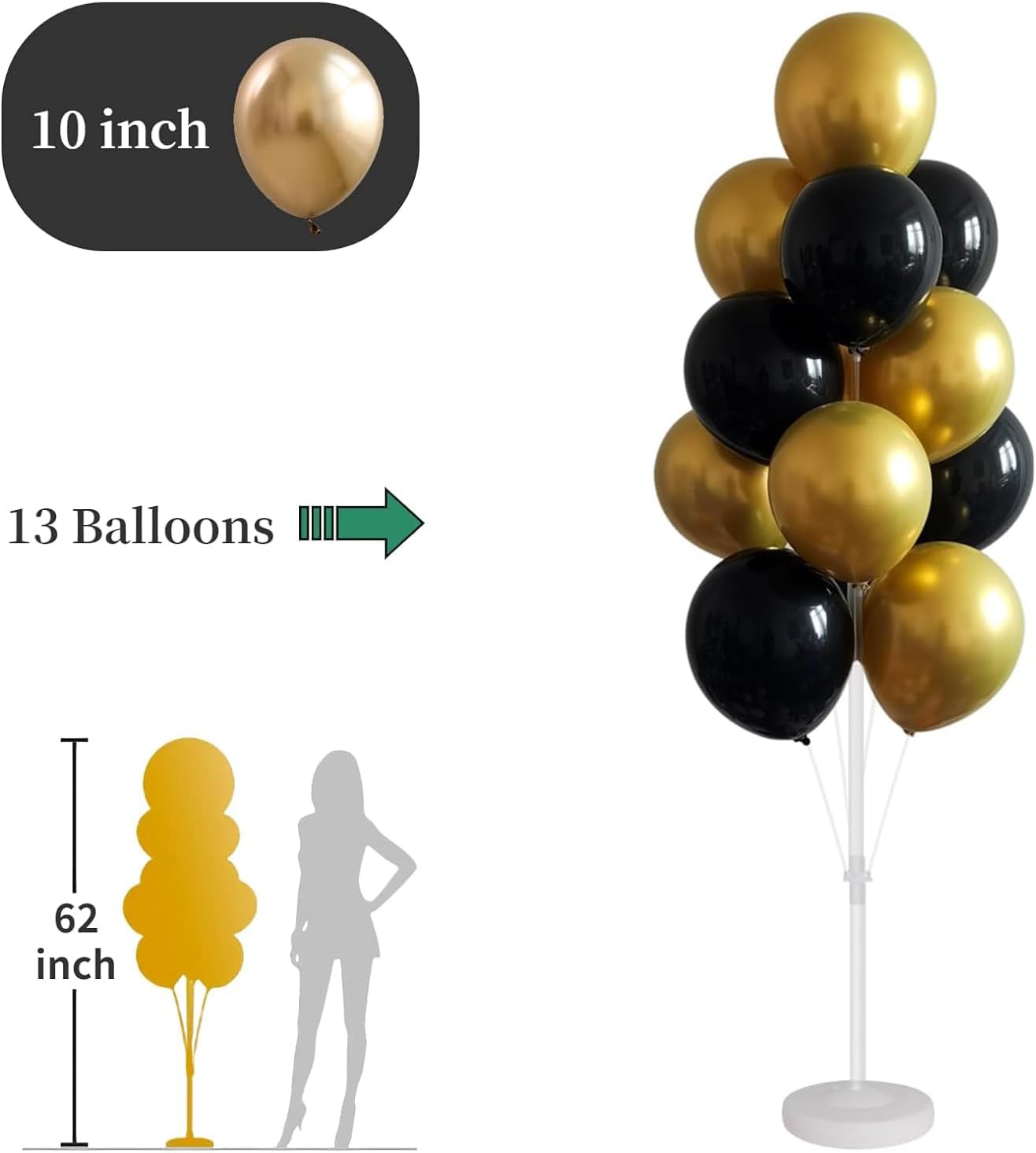 Balloon Column Kit for Floor- Balloon Stand kit set of 2, with Black&Gold Metallic Chrome balloon, Base&Pole,Tower Backdrop Decoration for Wedding, Baby Shower, Birthday Party, or Bachelorette