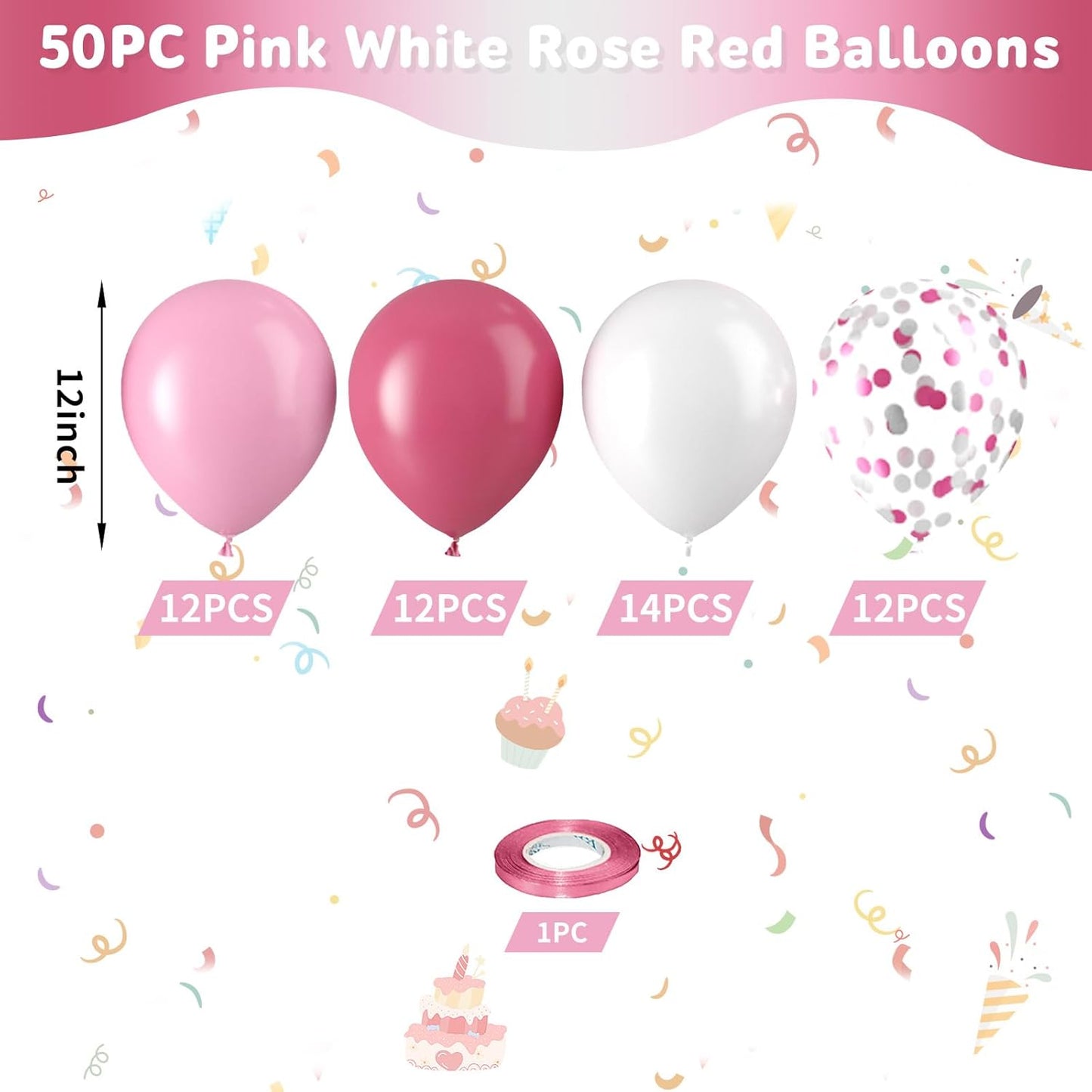 Hot Pink White Balloons, Pink White Balloons, Pink and Silver Confetti Balloon for Woman Birthday Girls Baby Shower Party Wedding Graduation Bridal Shower Decorations
