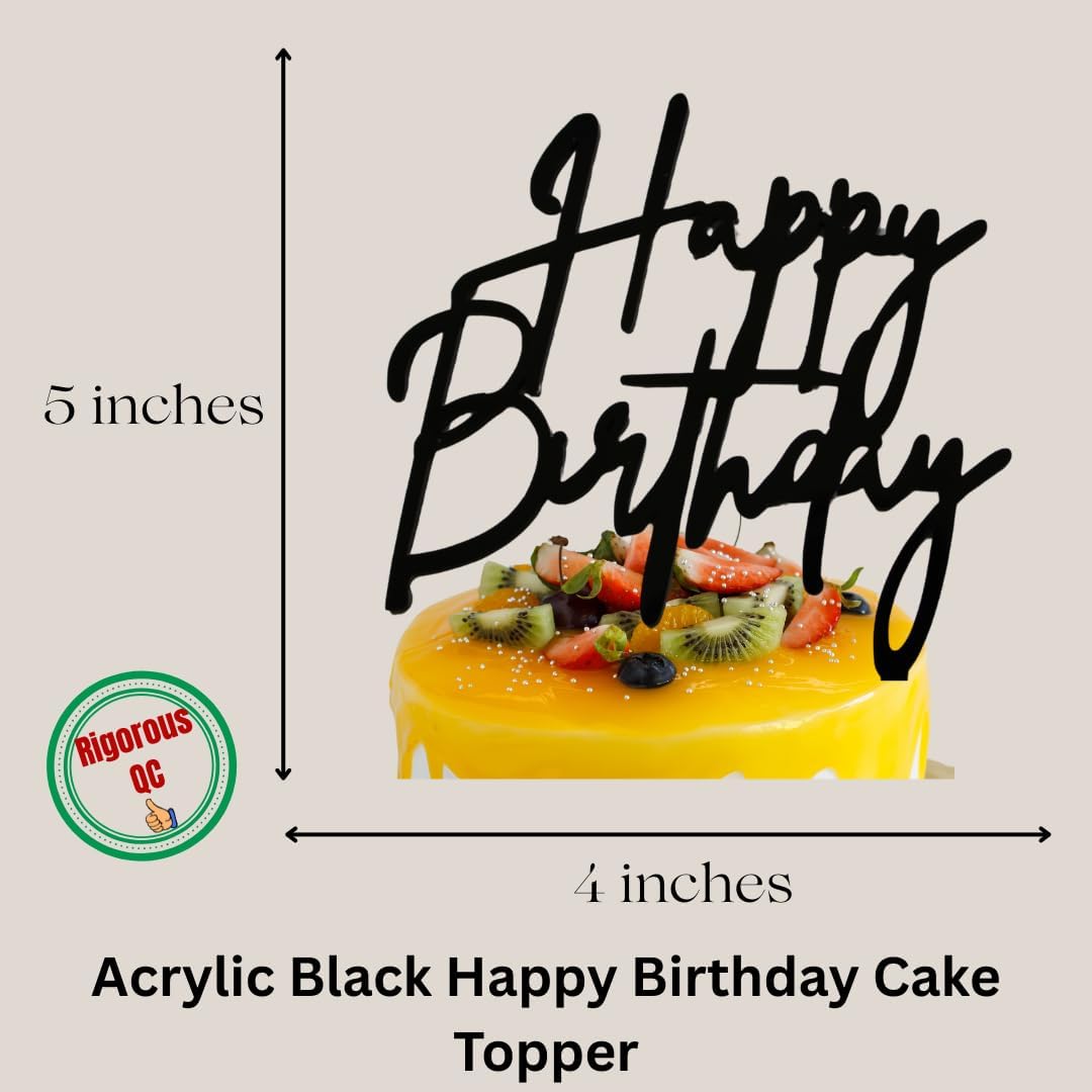 uraSigns Premium Acrylic Happy Birthday Cake Topper Gold, Mirror Finish, 6x6 Inches, 2.5mm Thick, Handmade Decorative Party Celebration Topper with Protective Film Perfect Keepsake (Acrylic, Black)