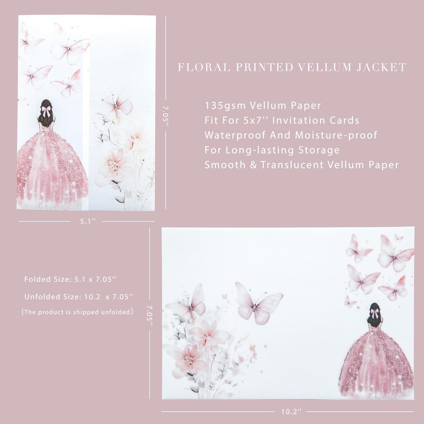 PONATIA 50 PCS Vellum Jackets for 5x7 Invitations - 135GSM Pink Girl Vellum Jacket Sleeves - Butterfly Quinceanera Invitations Wraps for XV Anos
