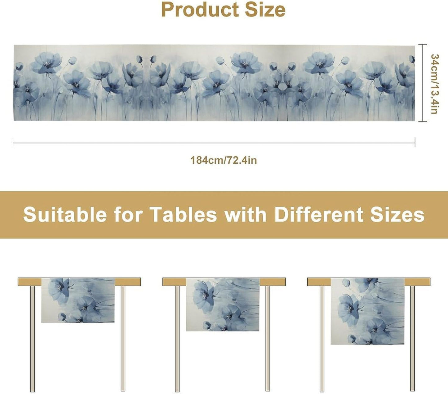 Abstract Floral Table Runner, Blue Poppy Flower Modern Art Print Kitchen Dinning Table Runner for Indoor Outdoor Home Wedding Party Holiday, 13x36 Inch