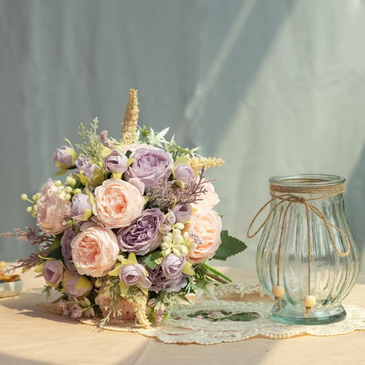 Artificial Peonies Silk Flowers Bouquet in Glass Vase Faux Flowers Bouquets Modern Penoy Arrangement for Home Decoration Table Centerpiece (Bouquet-Pink Purple)