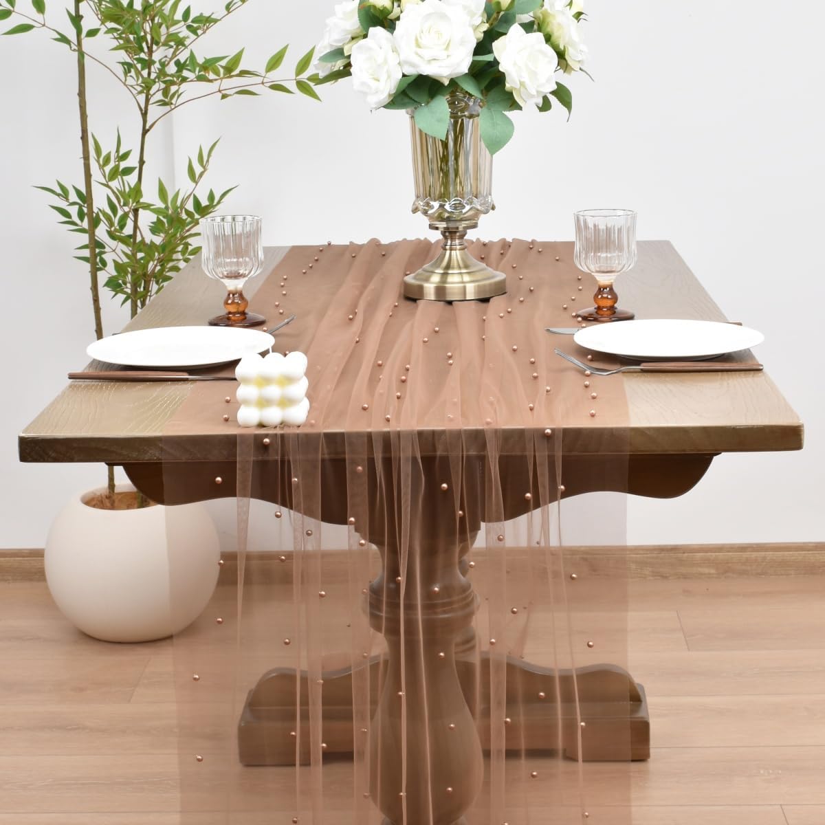 Joanlody Fall Pearl Table Runner 10ft Rustic Boho Tulle Table Runner with Pearls for Baby Shower Wedding Party Veil Dessert Thanksgiving Table Decor Coffee 4pcs