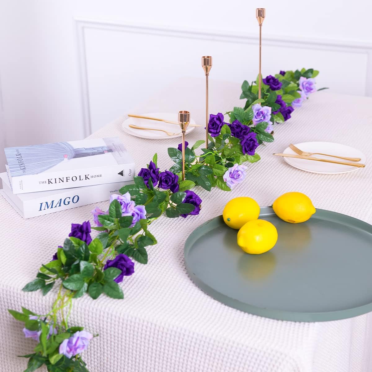 Kisflower 3Pack Artificial Rose Flower Garland, 23.7FT Fake Vines Silk Flowers Hanging Rose Ivy for Wedding Arch Decorations Room Party Home Garden Hotel Office Wall Decor (Purple)