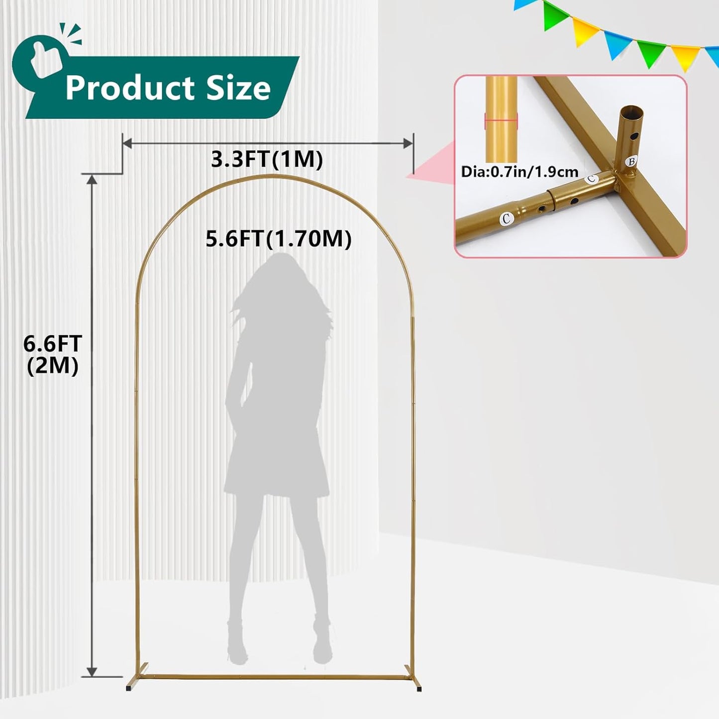 Metal Arch Backdrop Stand Set- Heavy Duty Rust-Proof Wedding Decoration Frame with Crossbar Base - Easy Assembly for Party, Photo Booth, Balloon & Flowers Decor (Gold, 6.6FT)