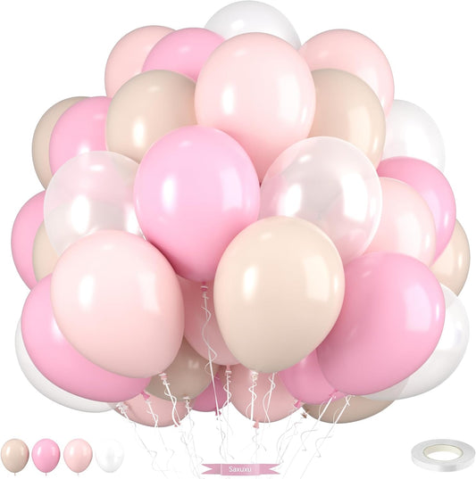 Light Pink Balloons, 12 Inch Pastel Macaron Pink and White Sand Nude Beige Pearl White Boho Balloons for Girls Women Birthday Party Wedding Engagement Bachelorette Bridal Baby Shower Decoration