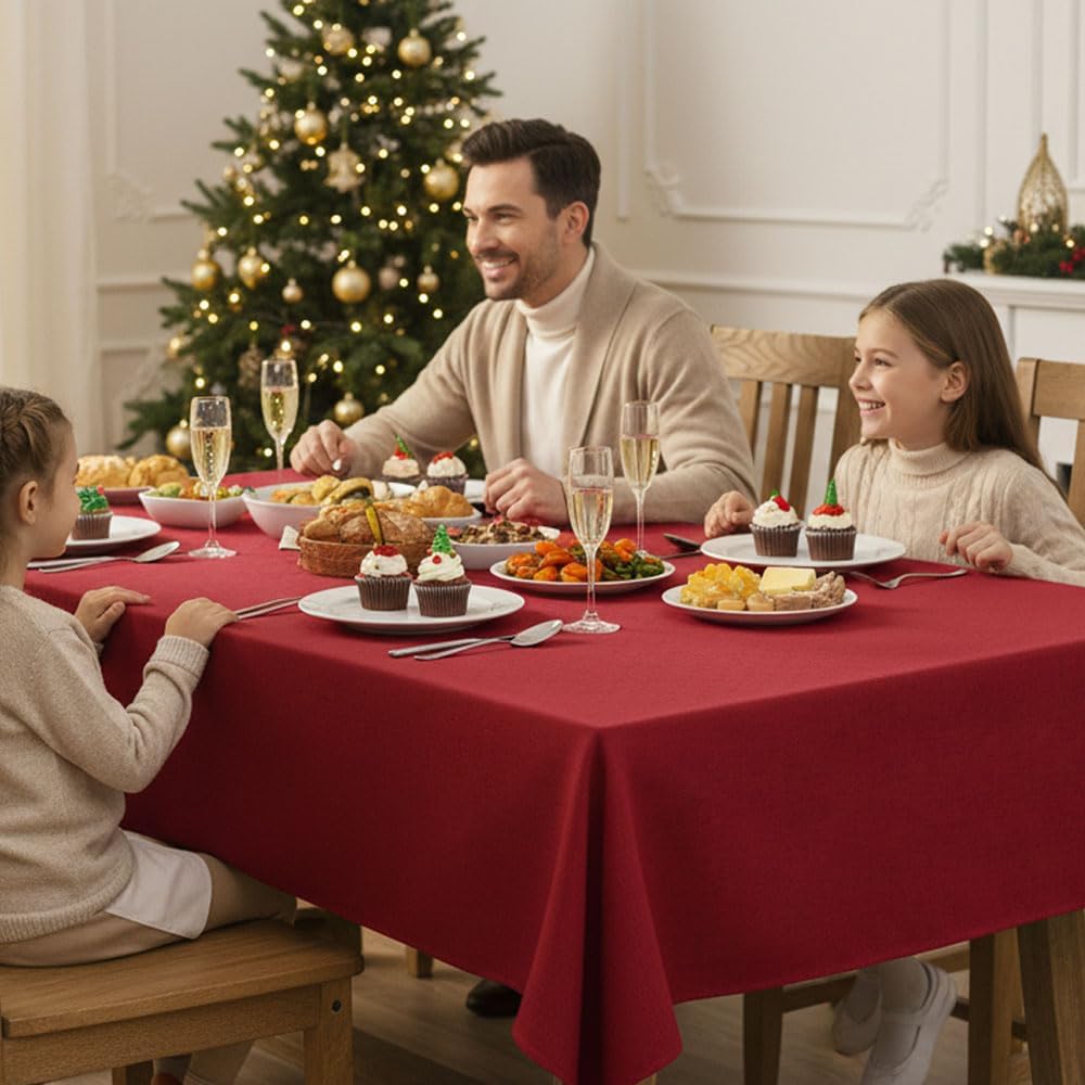 Fitable Faux Linen Christmas Tablecloth 2 Pack, Burlap Textured Fabric Rectangle Table Cloth, Elegant Decorative Table Covers for Winter Holiday Dinner Party Farmhouse (Red, 60 x 102 Inch)
